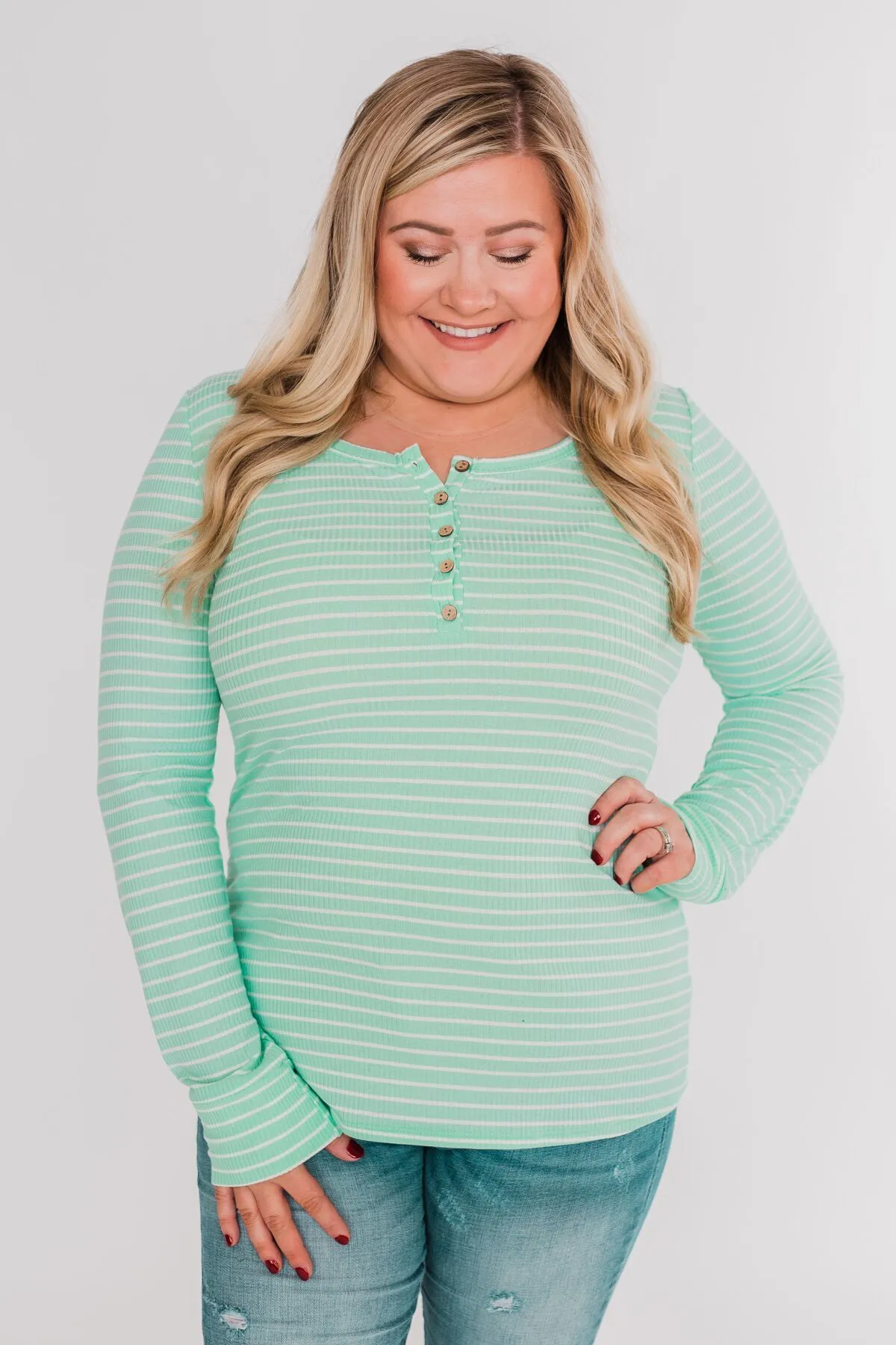 Happy As Can Be Striped Henley Top- Cheerful Mint