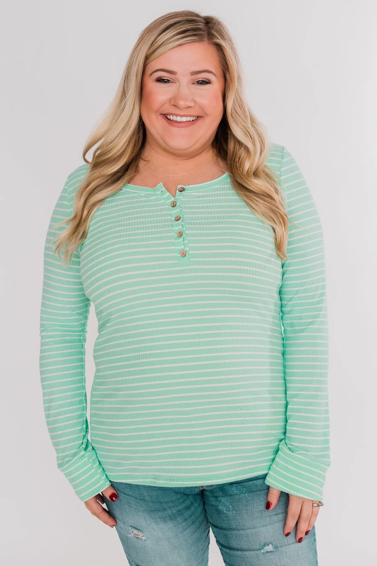 Happy As Can Be Striped Henley Top- Cheerful Mint