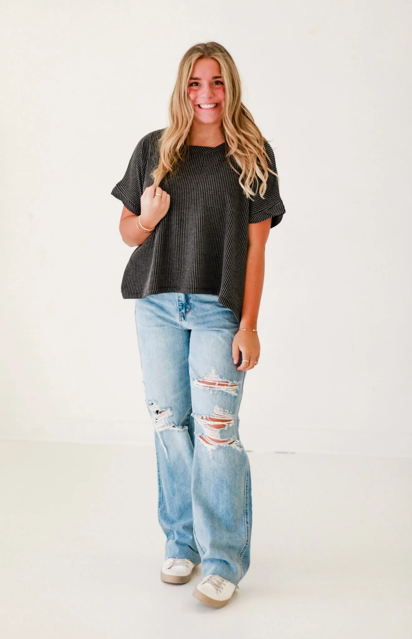 Happy Here Ribbed Top in Charcoal