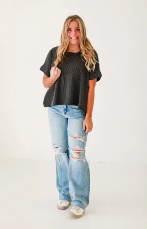 Happy Here Ribbed Top in Charcoal