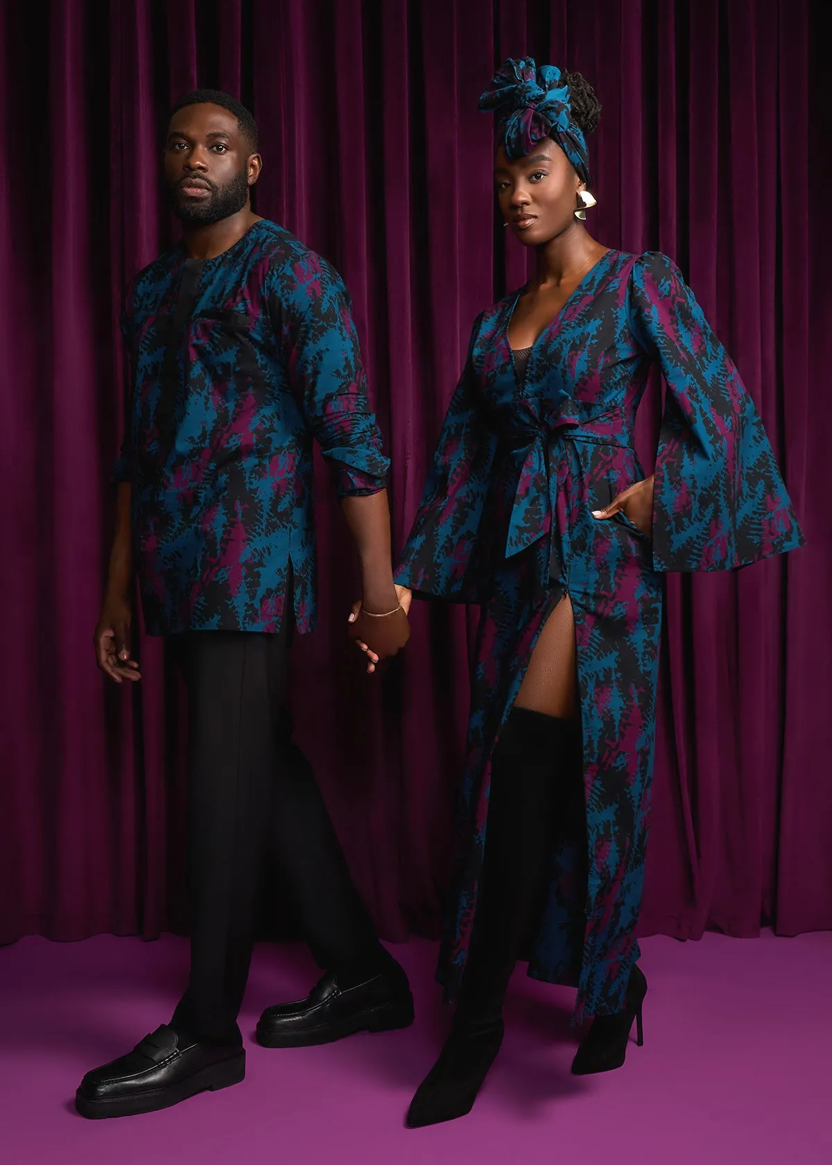 Ibrahim Men's African Print Traditional Top (Midnight Teal Adire)