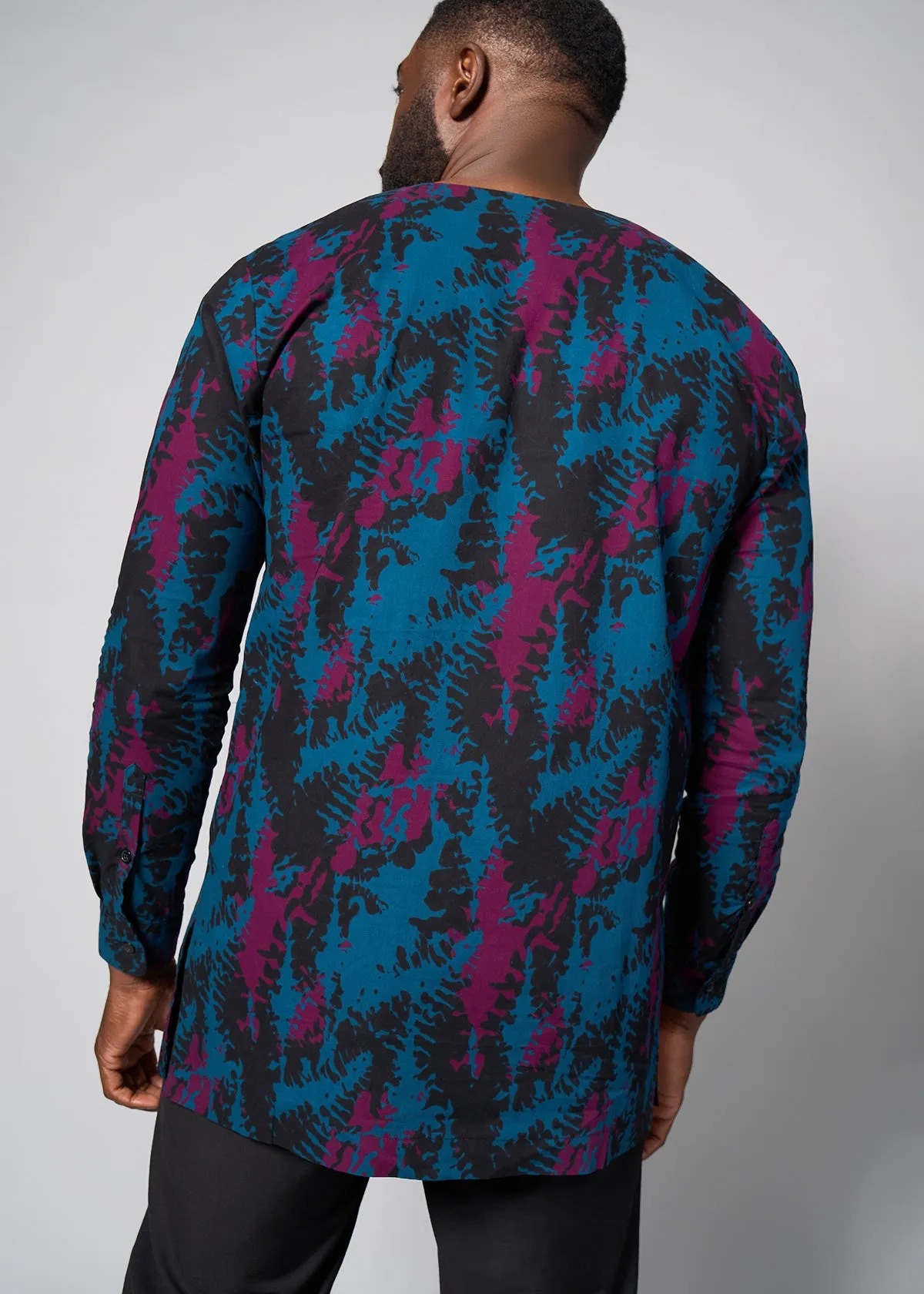 Ibrahim Men's African Print Traditional Top (Midnight Teal Adire)