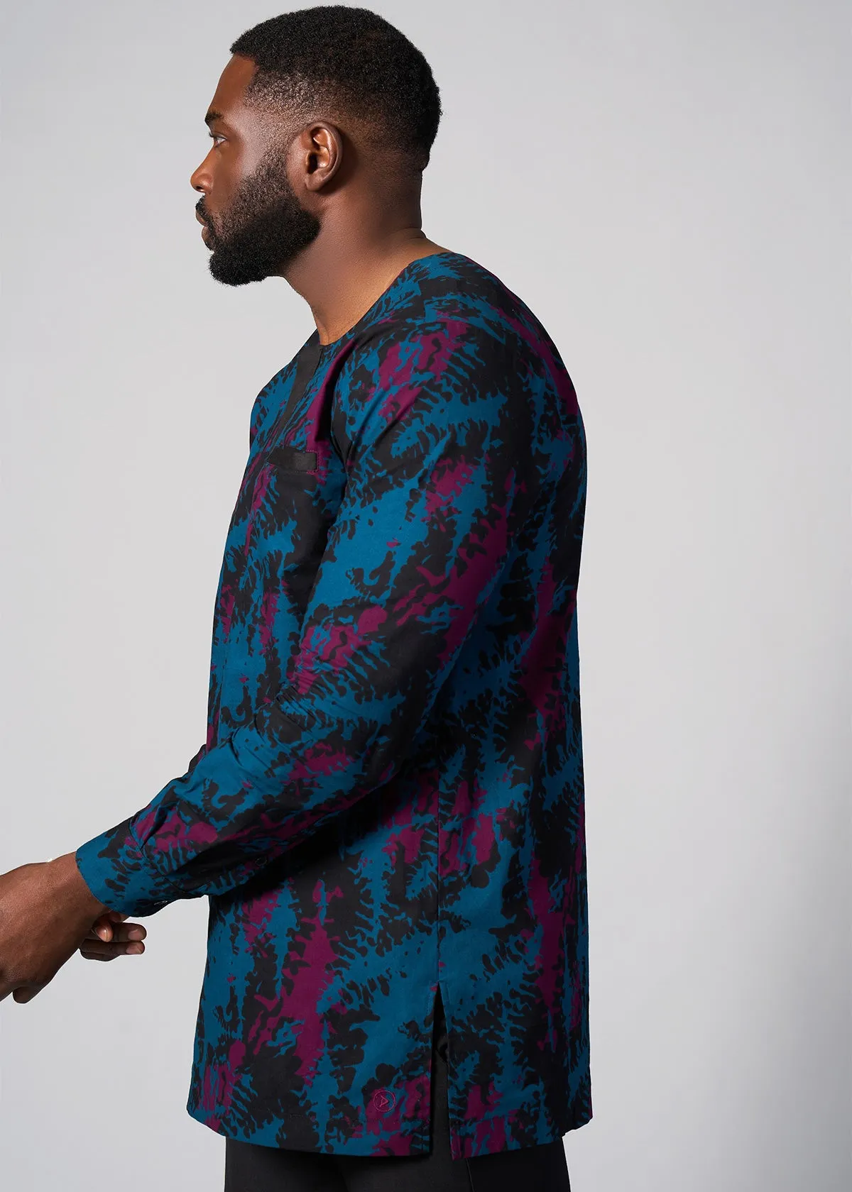 Ibrahim Men's African Print Traditional Top (Midnight Teal Adire)