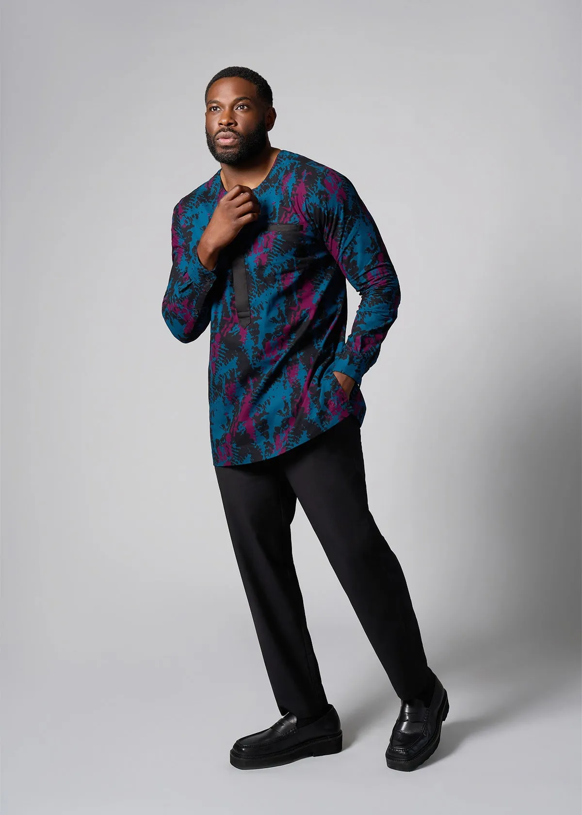 Ibrahim Men's African Print Traditional Top (Midnight Teal Adire)