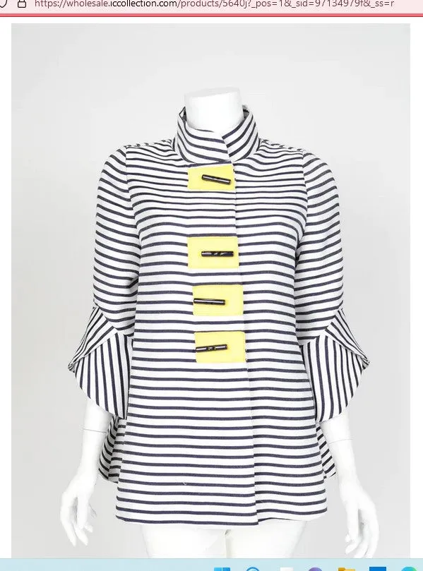 IC Collection 5640J 1PC Button Front Striped Jacket Hip-Length Relaxed Silhouette