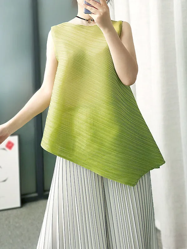 Irregular Clipping Loose Pleated Solid Color Round-Neck Vest Top
