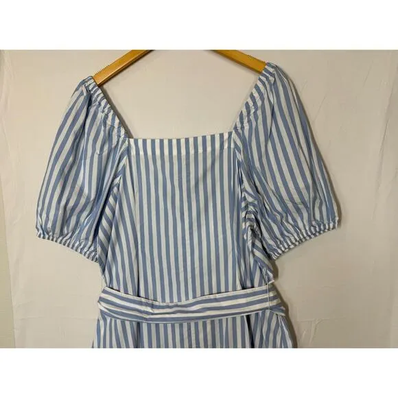 J Crew Cottage Midi Dress Womens Size Large Puff Sleeves Belt Striped Button Up