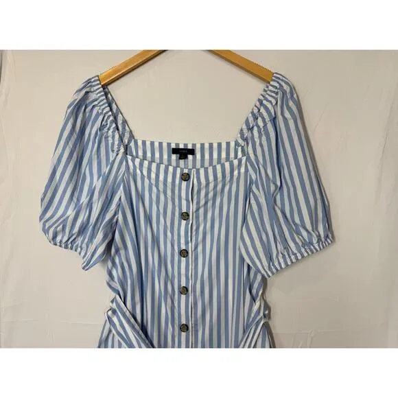 J Crew Cottage Midi Dress Womens Size Large Puff Sleeves Belt Striped Button Up