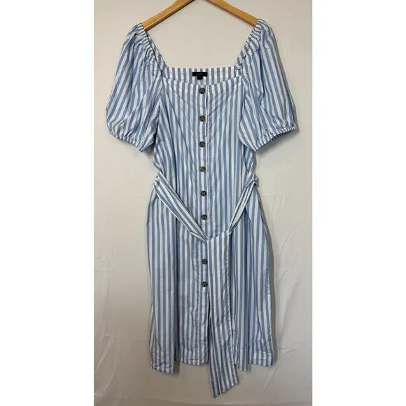 J Crew Cottage Midi Dress Womens Size Large Puff Sleeves Belt Striped Button Up