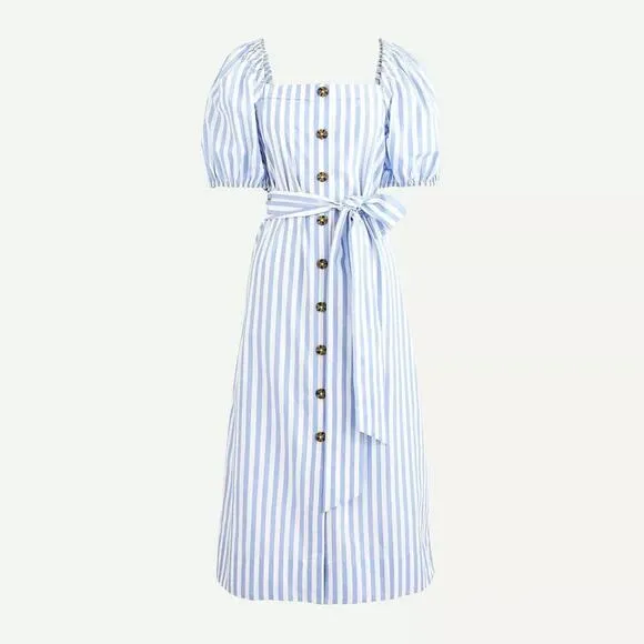 J Crew Cottage Midi Dress Womens Size Large Puff Sleeves Belt Striped Button Up