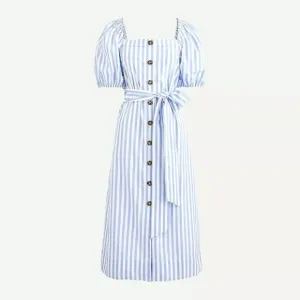 J Crew Cottage Midi Dress Womens Size Large Puff Sleeves Belt Striped Button Up
