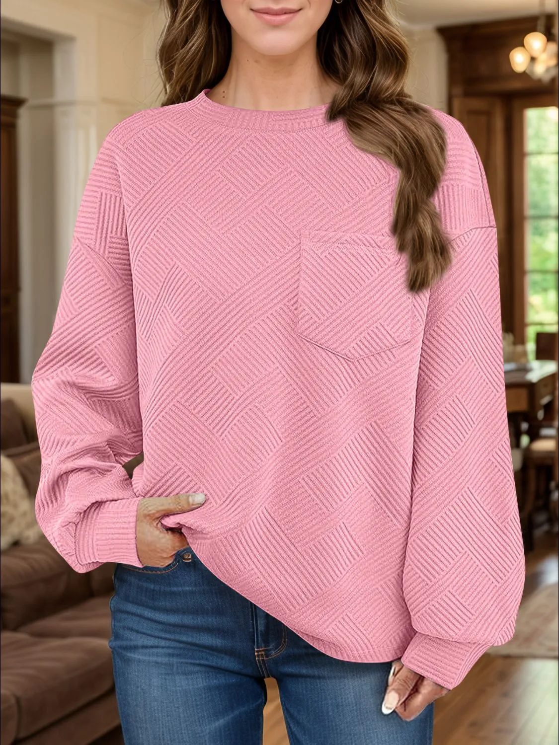 Jennie Full Size Texture Round Neck Long Sleeve Sweatshirt