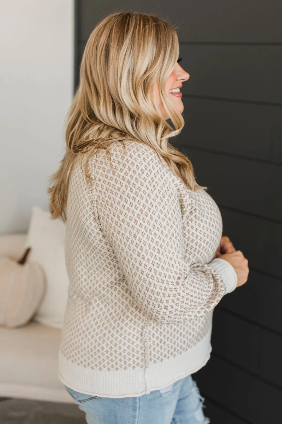 Just Stopping By Printed Knit Sweater- Cream & Beige