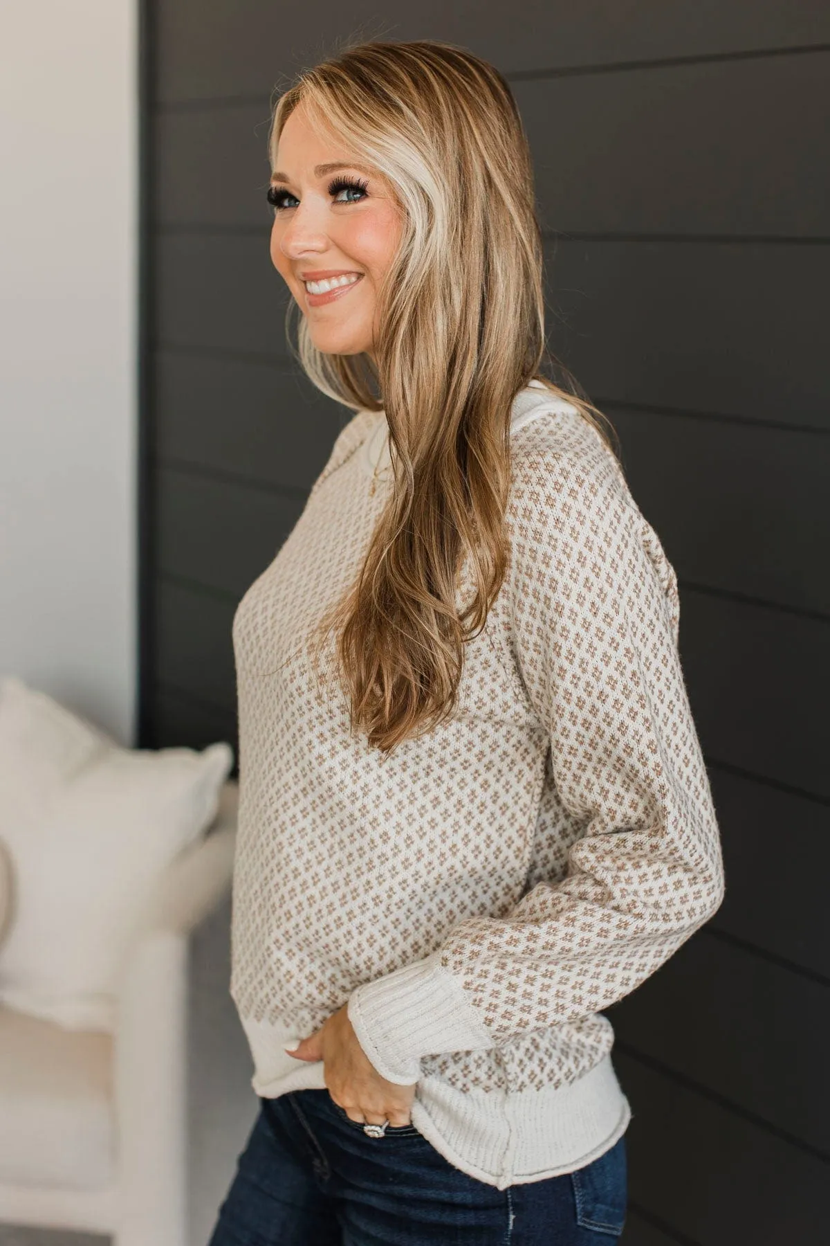 Just Stopping By Printed Knit Sweater- Cream & Beige