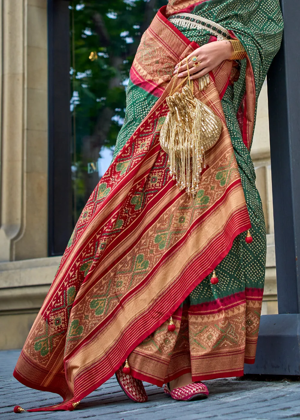 Kasturi Green And Red Printed Patola Silk Saree