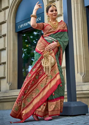 Kasturi Green And Red Printed Patola Silk Saree