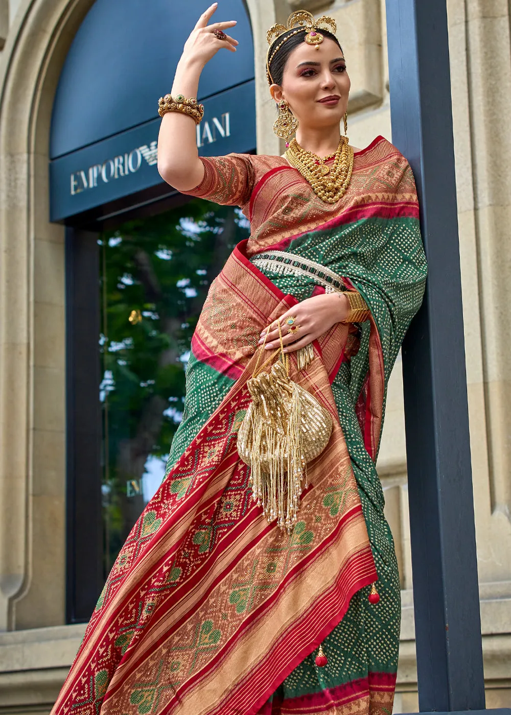 Kasturi Green And Red Printed Patola Silk Saree