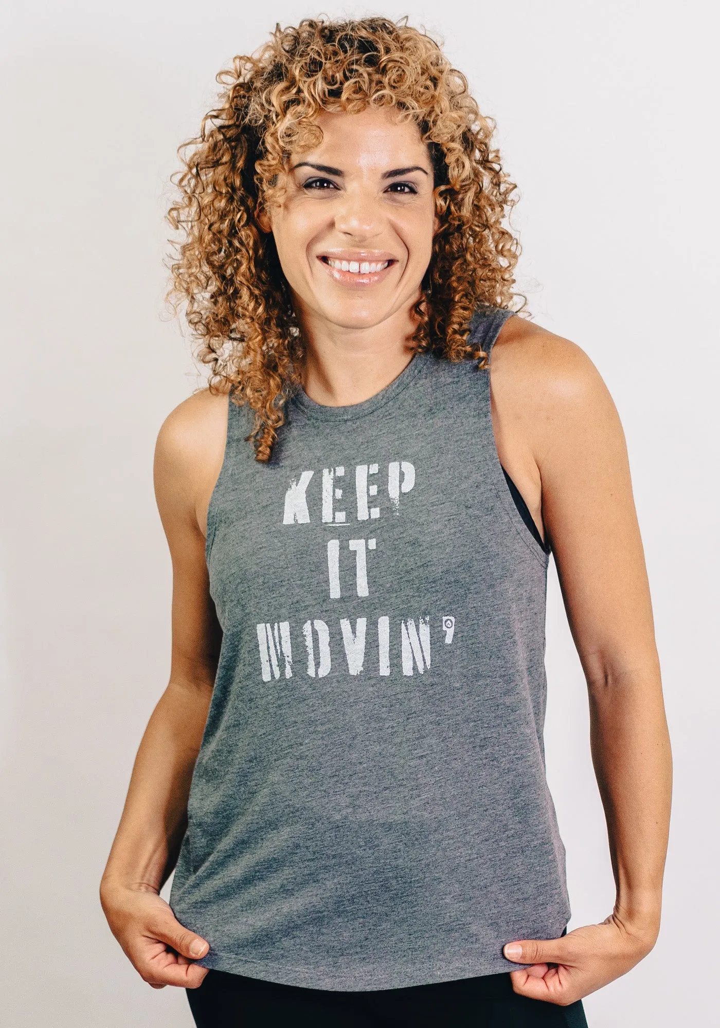 Keep it Movin' Graphic Muscle Tank – Heather Gray/White