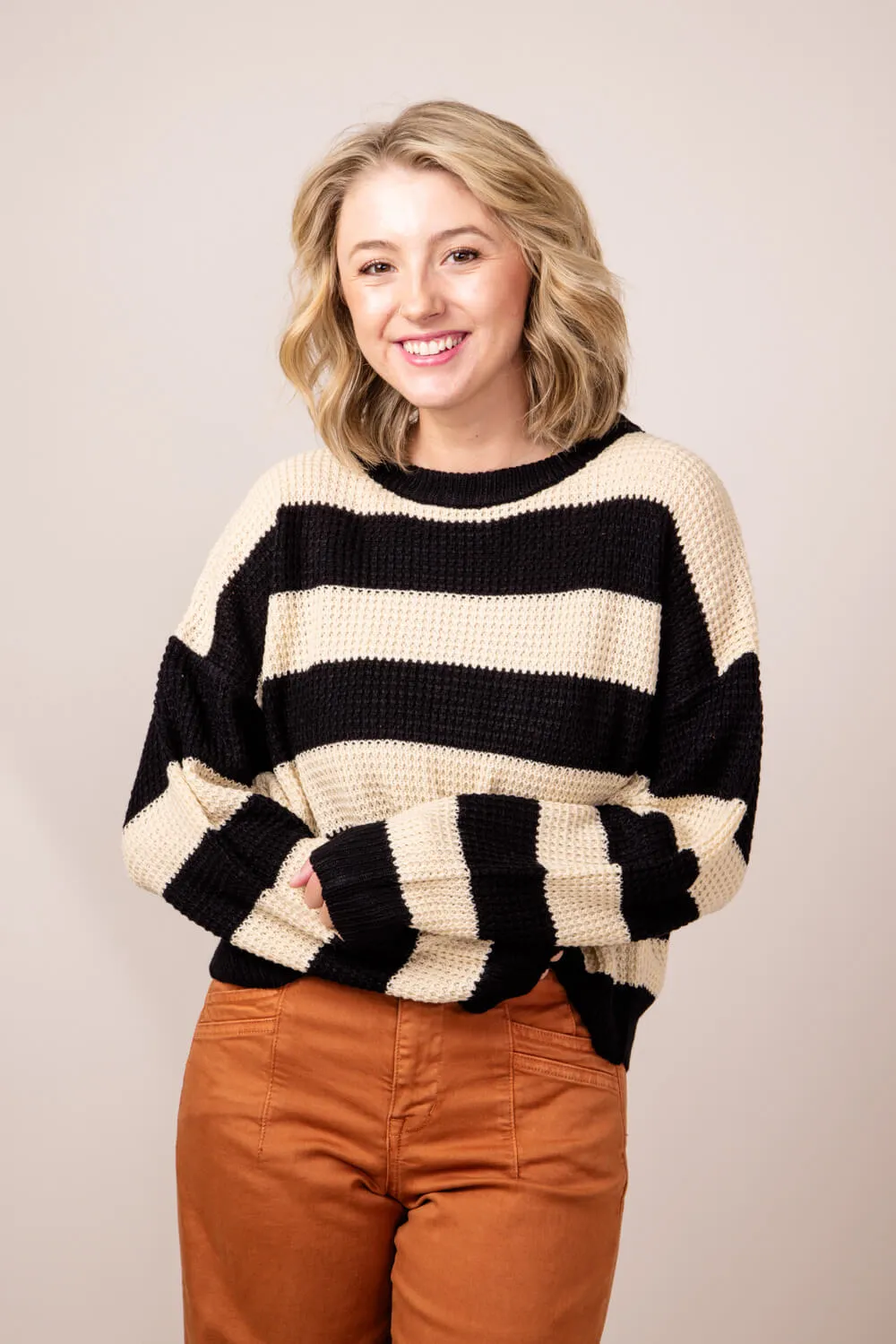 La Miel Striped Waffle Knit Loose Fit Sweater for Women in Black/Cream | MCS3590-OREO