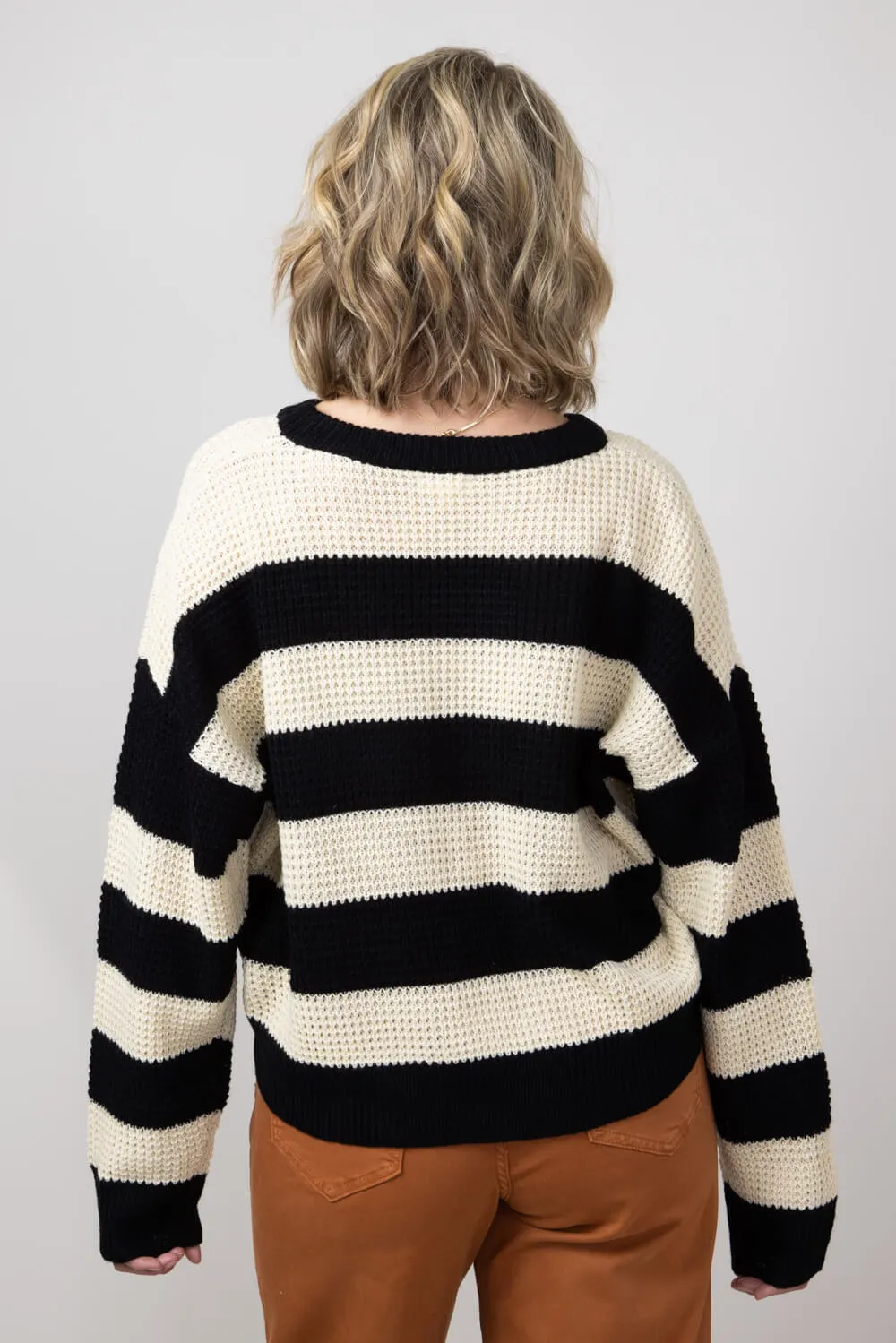 La Miel Striped Waffle Knit Loose Fit Sweater for Women in Black/Cream | MCS3590-OREO