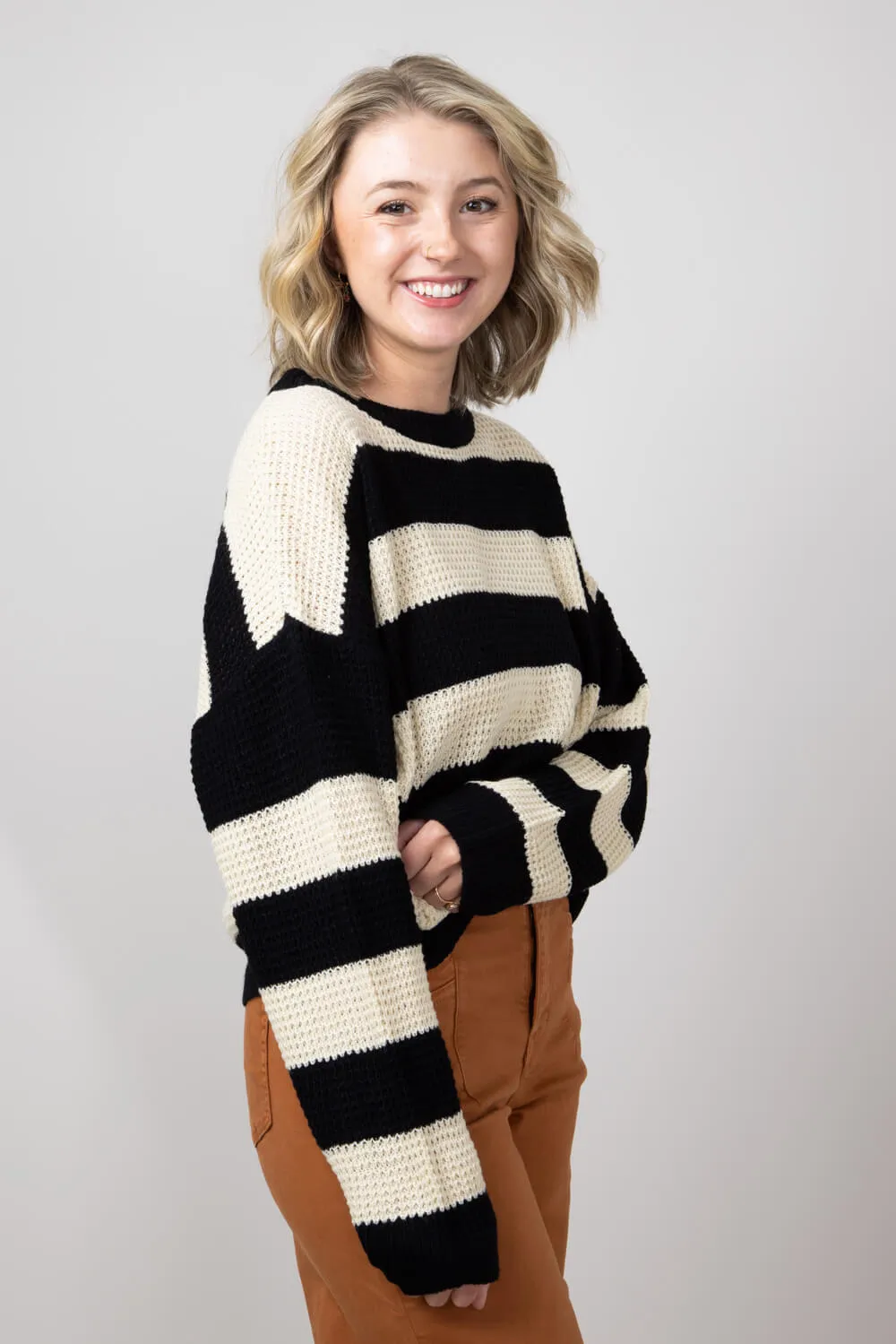 La Miel Striped Waffle Knit Loose Fit Sweater for Women in Black/Cream | MCS3590-OREO