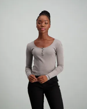 Ladies Long Sleeve Rib Buttoned Top - Charcoal