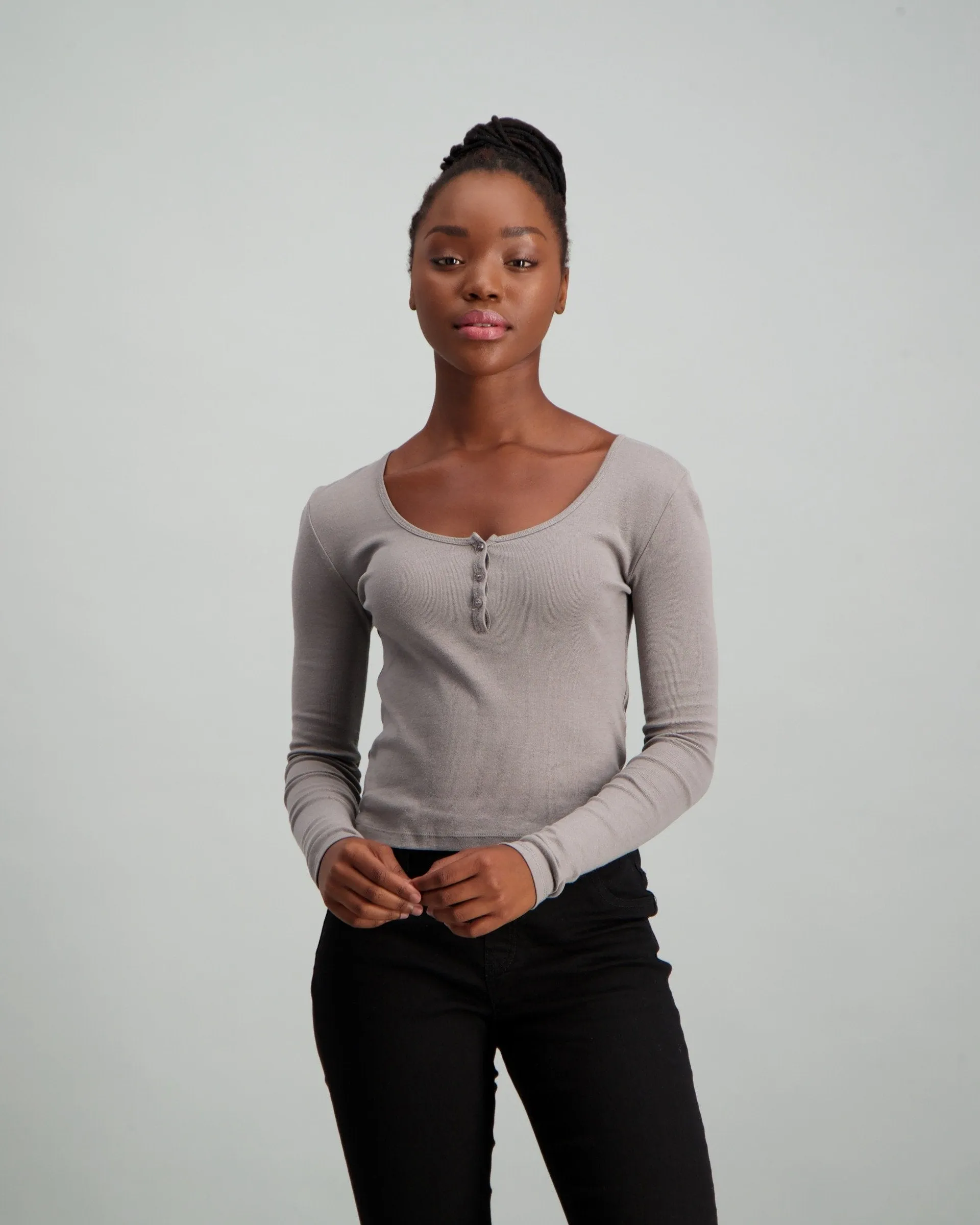 Ladies Long Sleeve Rib Buttoned Top - Charcoal