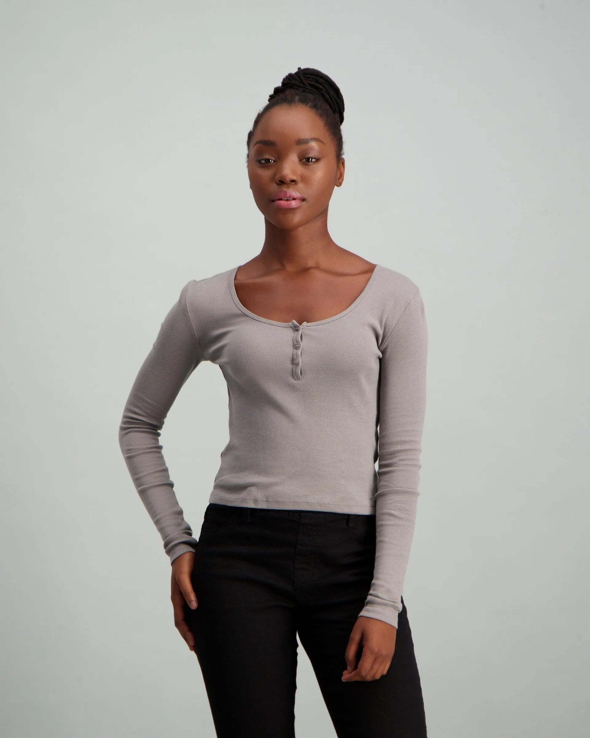 Ladies Long Sleeve Rib Buttoned Top - Charcoal