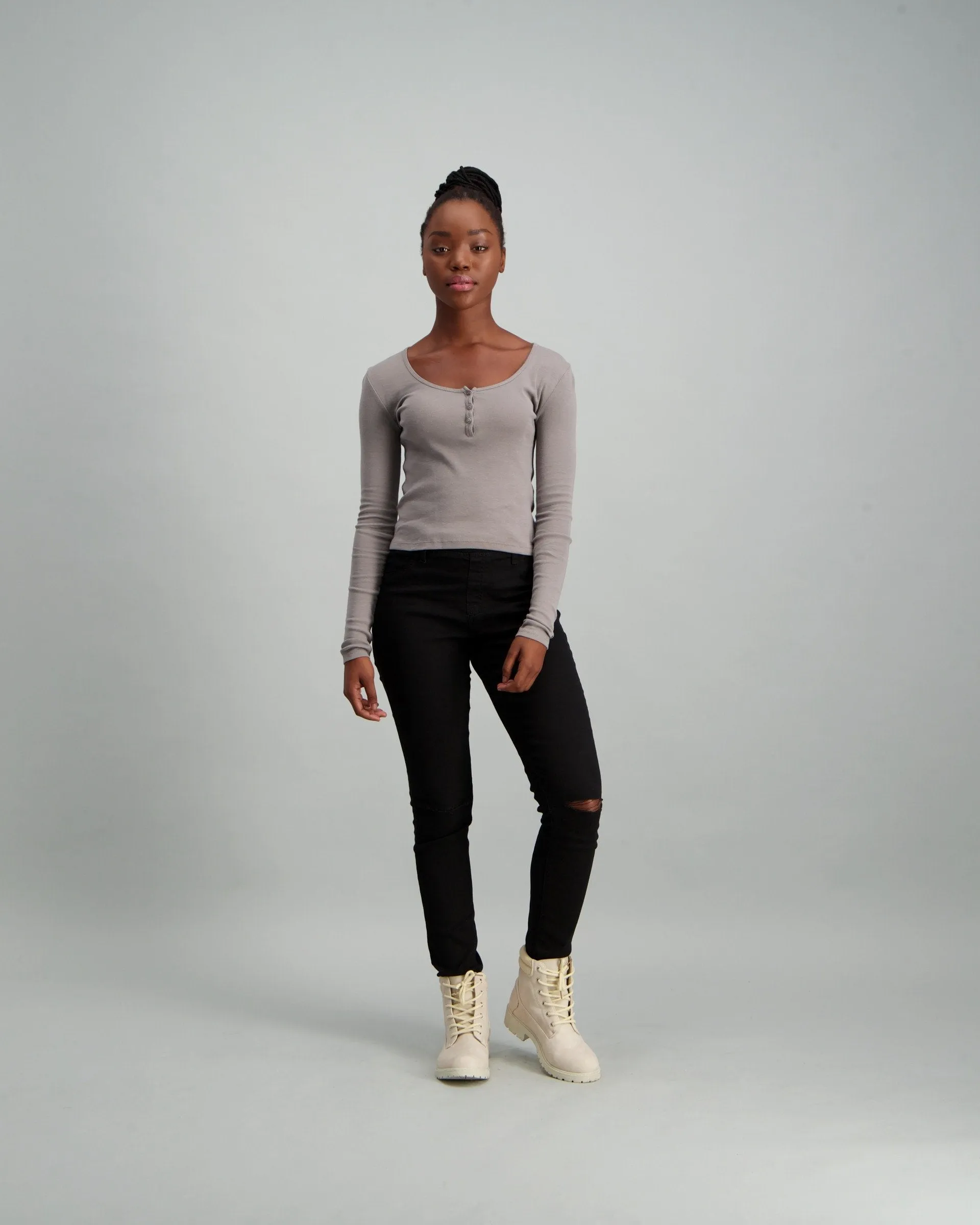 Ladies Long Sleeve Rib Buttoned Top - Charcoal