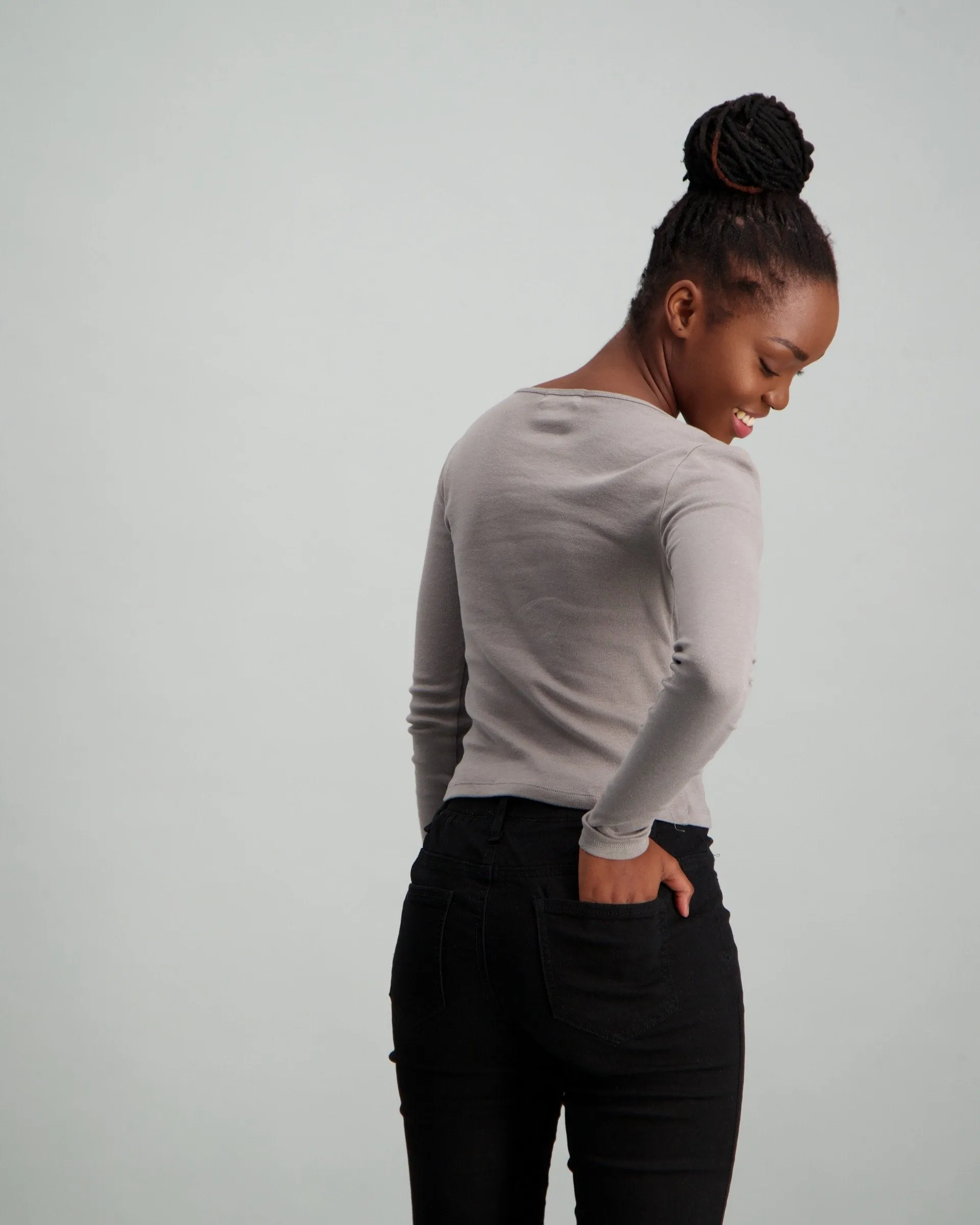 Ladies Long Sleeve Rib Buttoned Top - Charcoal