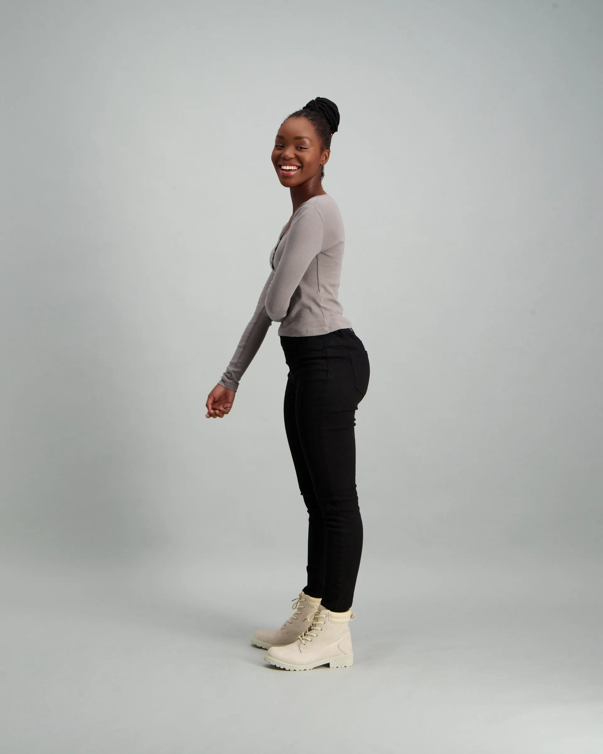 Ladies Long Sleeve Rib Buttoned Top - Charcoal