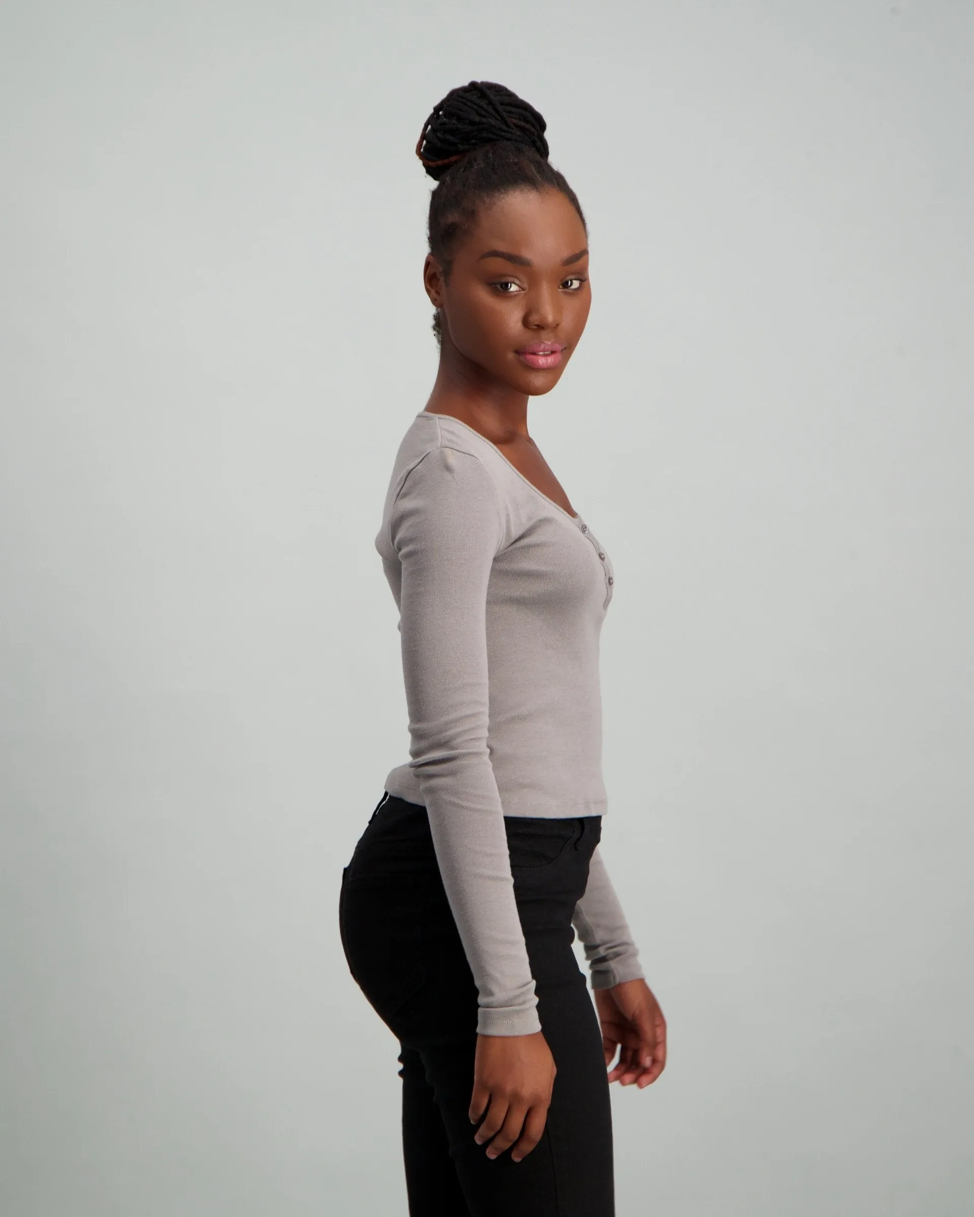 Ladies Long Sleeve Rib Buttoned Top - Charcoal