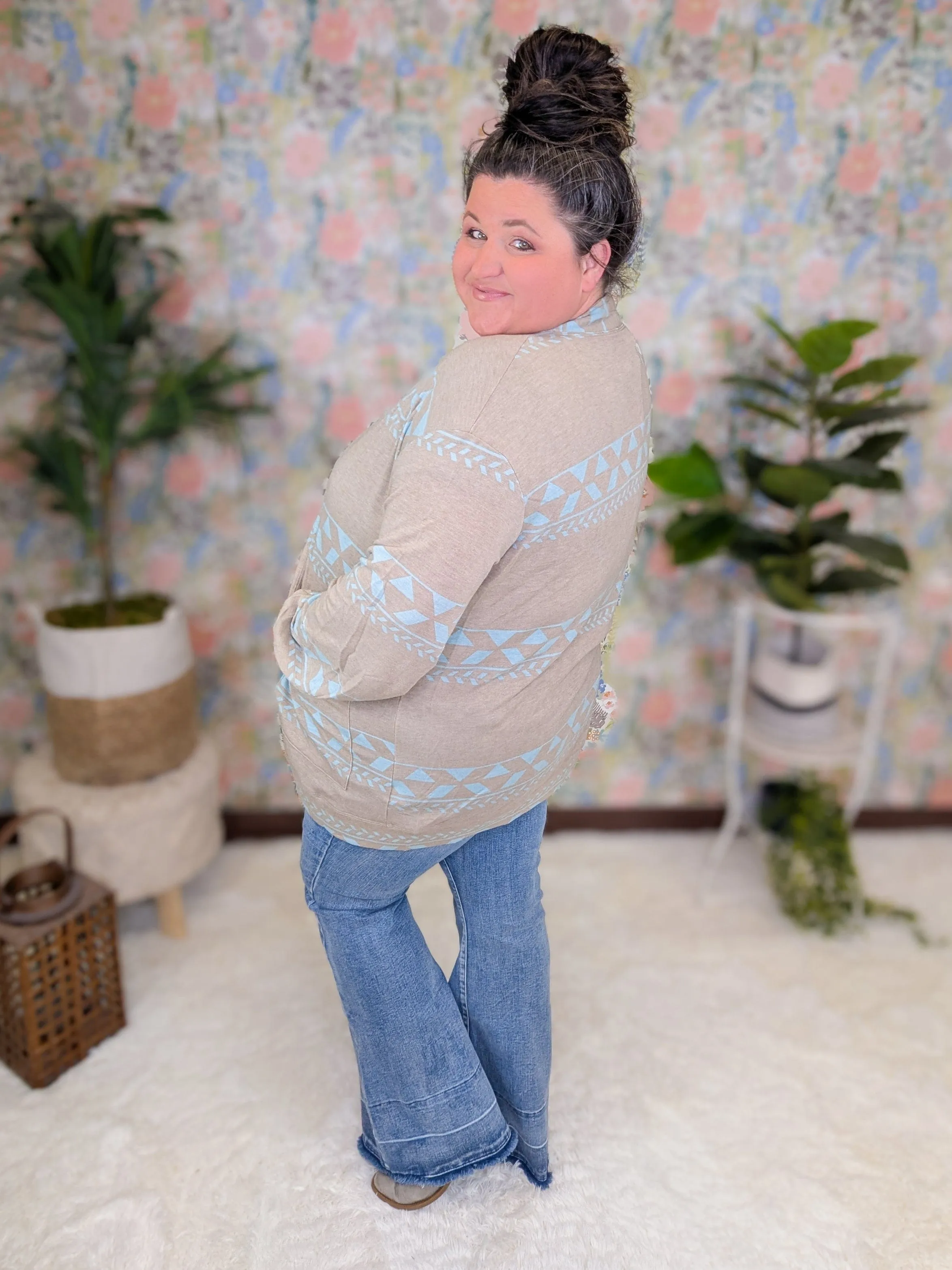 Laurel Geometric Open Cardigan in Taupe   Aqua