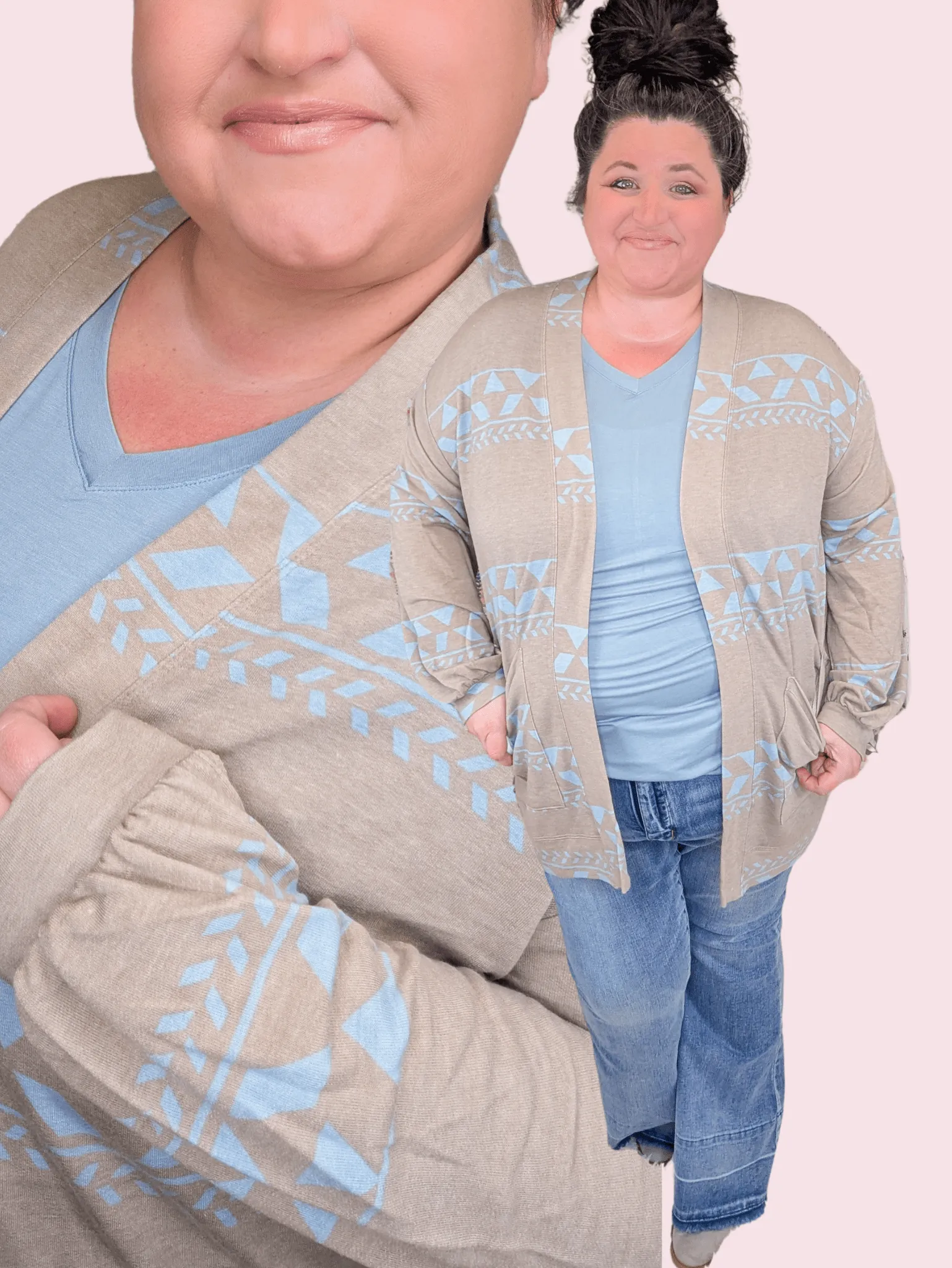 Laurel Geometric Open Cardigan in Taupe   Aqua