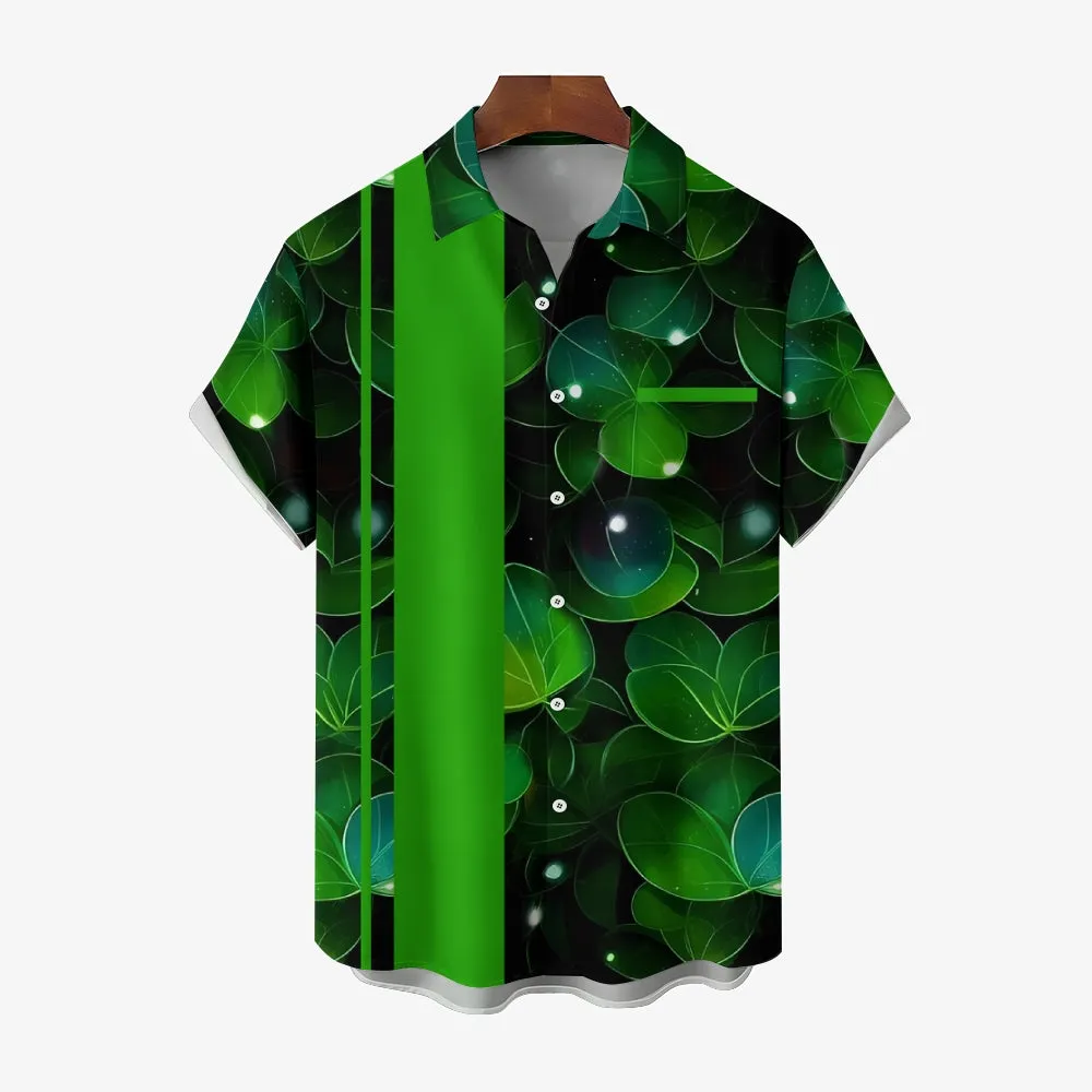 Leaf Print Striped Bowling Ball Short Sleeve Shirt 2408004658