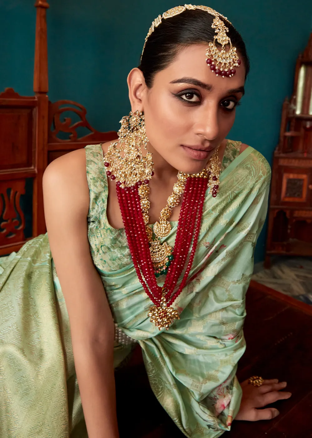 Light Green Woven Banarasi Silk Saree With Floral Print