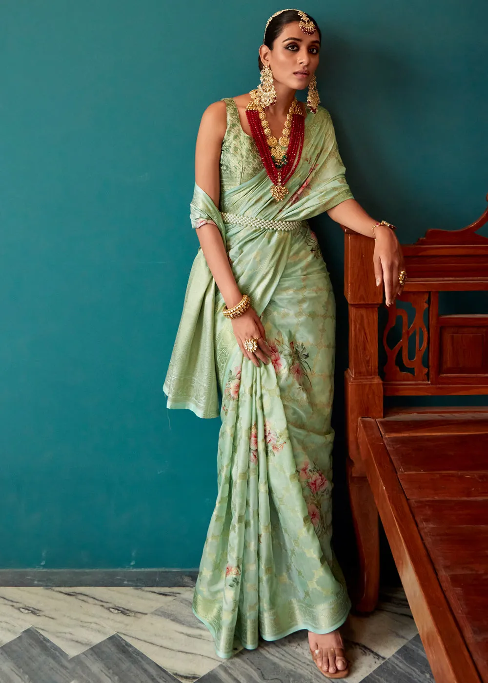 Light Green Woven Banarasi Silk Saree With Floral Print