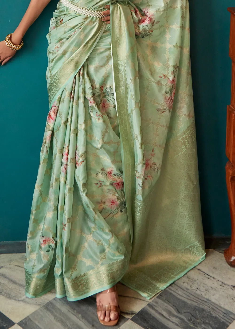 Light Green Woven Banarasi Silk Saree With Floral Print