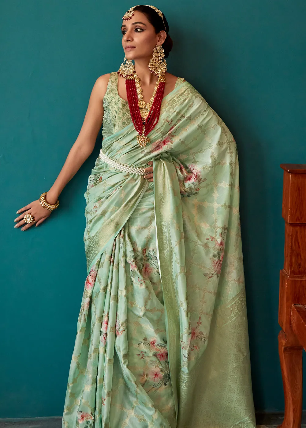 Light Green Woven Banarasi Silk Saree With Floral Print