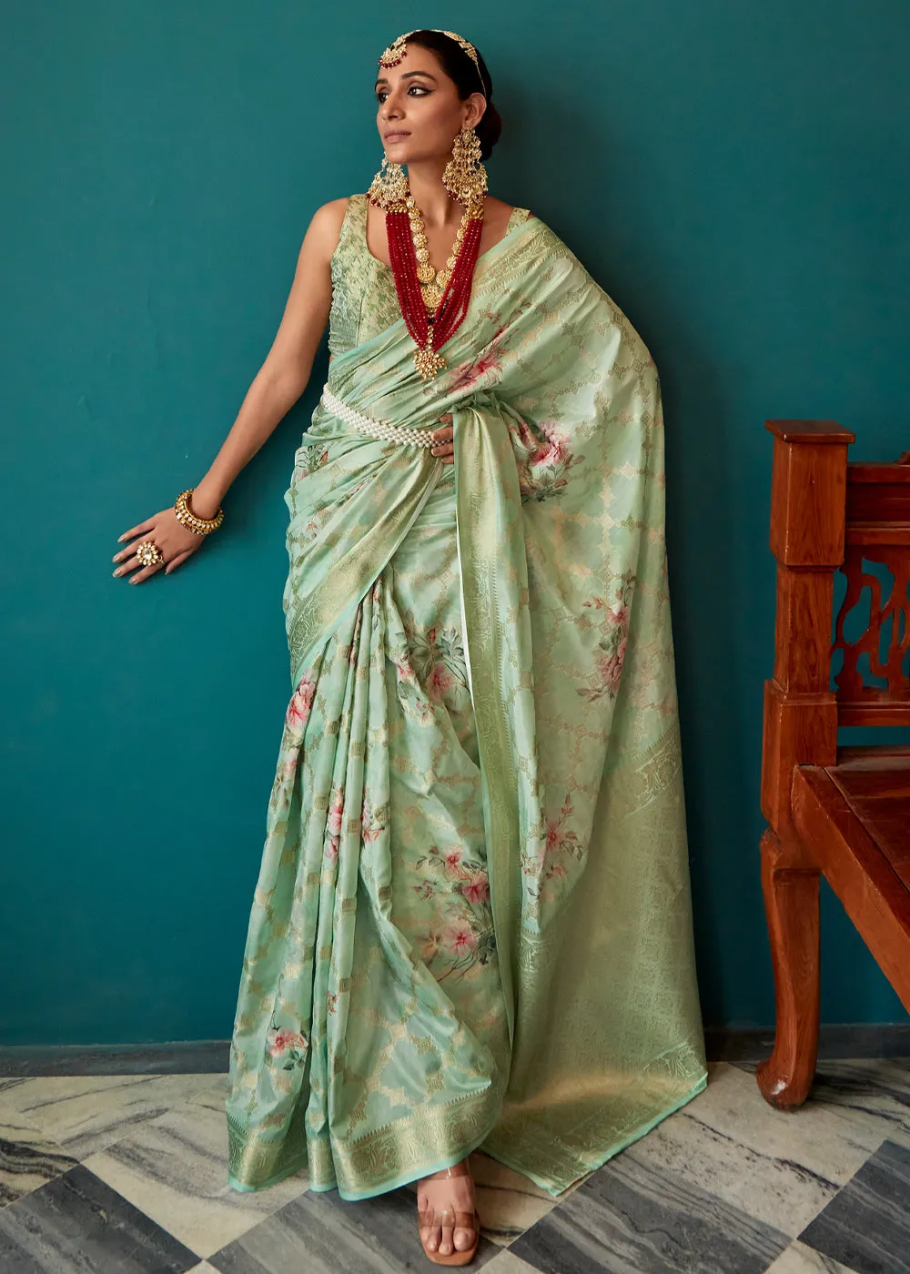 Light Green Woven Banarasi Silk Saree With Floral Print