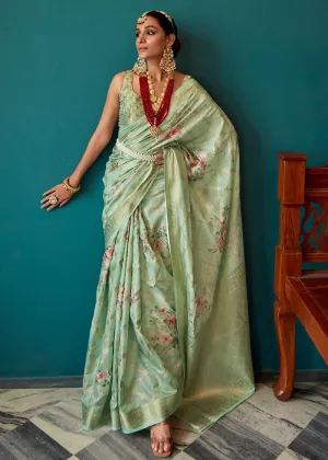 Light Green Woven Banarasi Silk Saree With Floral Print