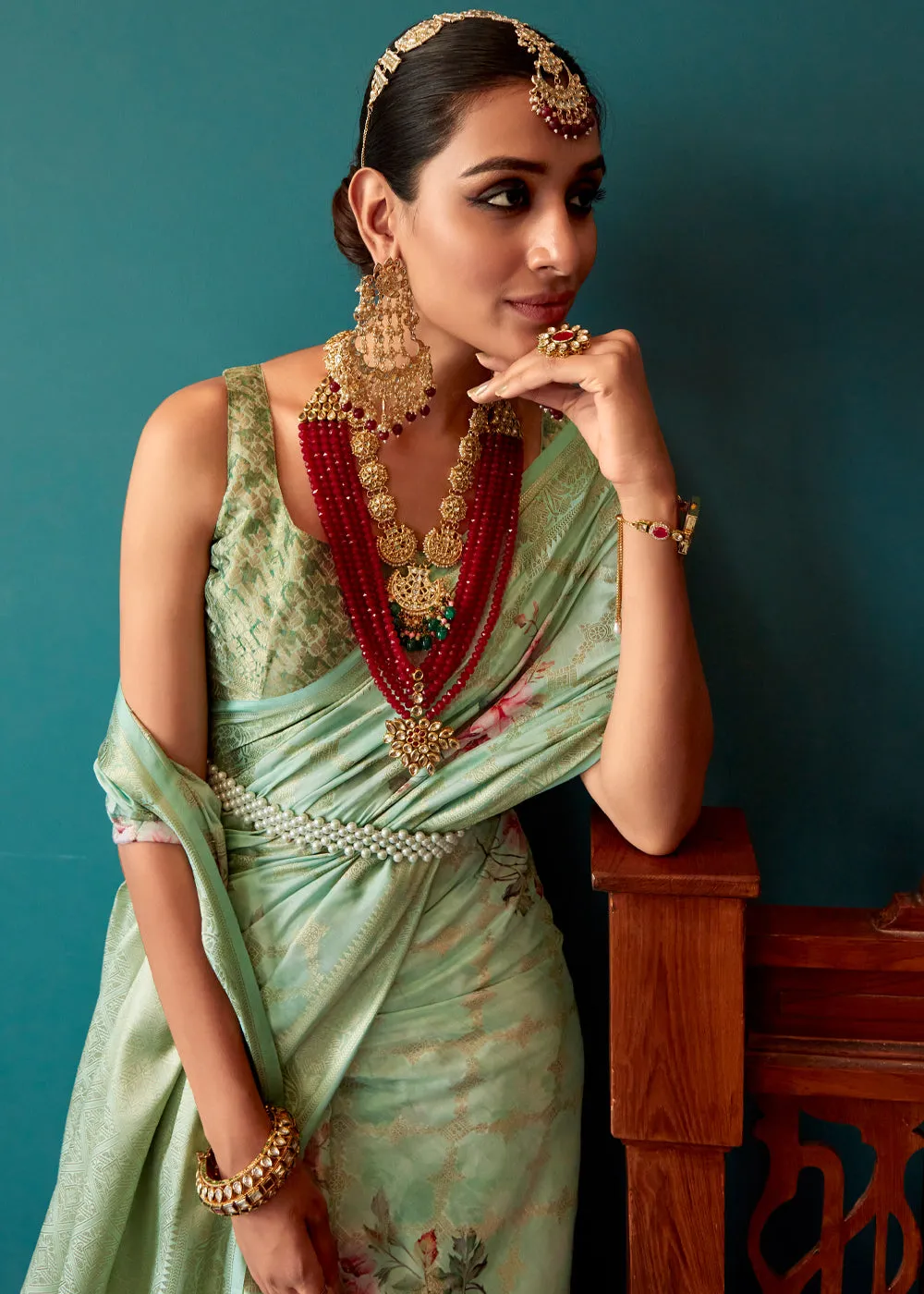 Light Green Woven Banarasi Silk Saree With Floral Print
