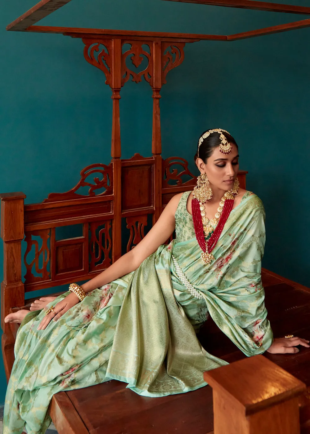 Light Green Woven Banarasi Silk Saree With Floral Print