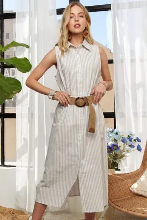 Light Grey Striped Button Down Sleeveless Midi Dress