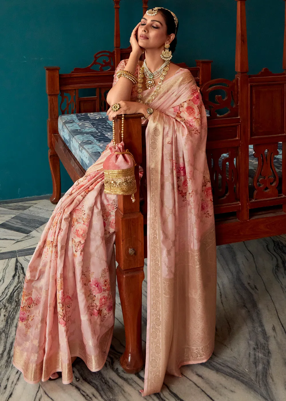 Lily Pink Woven Banarasi Silk Saree With Floral Print