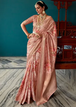 Lily Pink Woven Banarasi Silk Saree With Floral Print