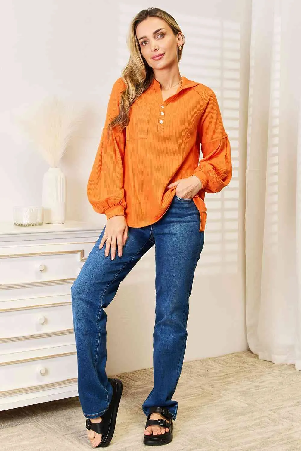 Linda Basic Bae Side Slit Buttoned Waffle Knit Hoodie
