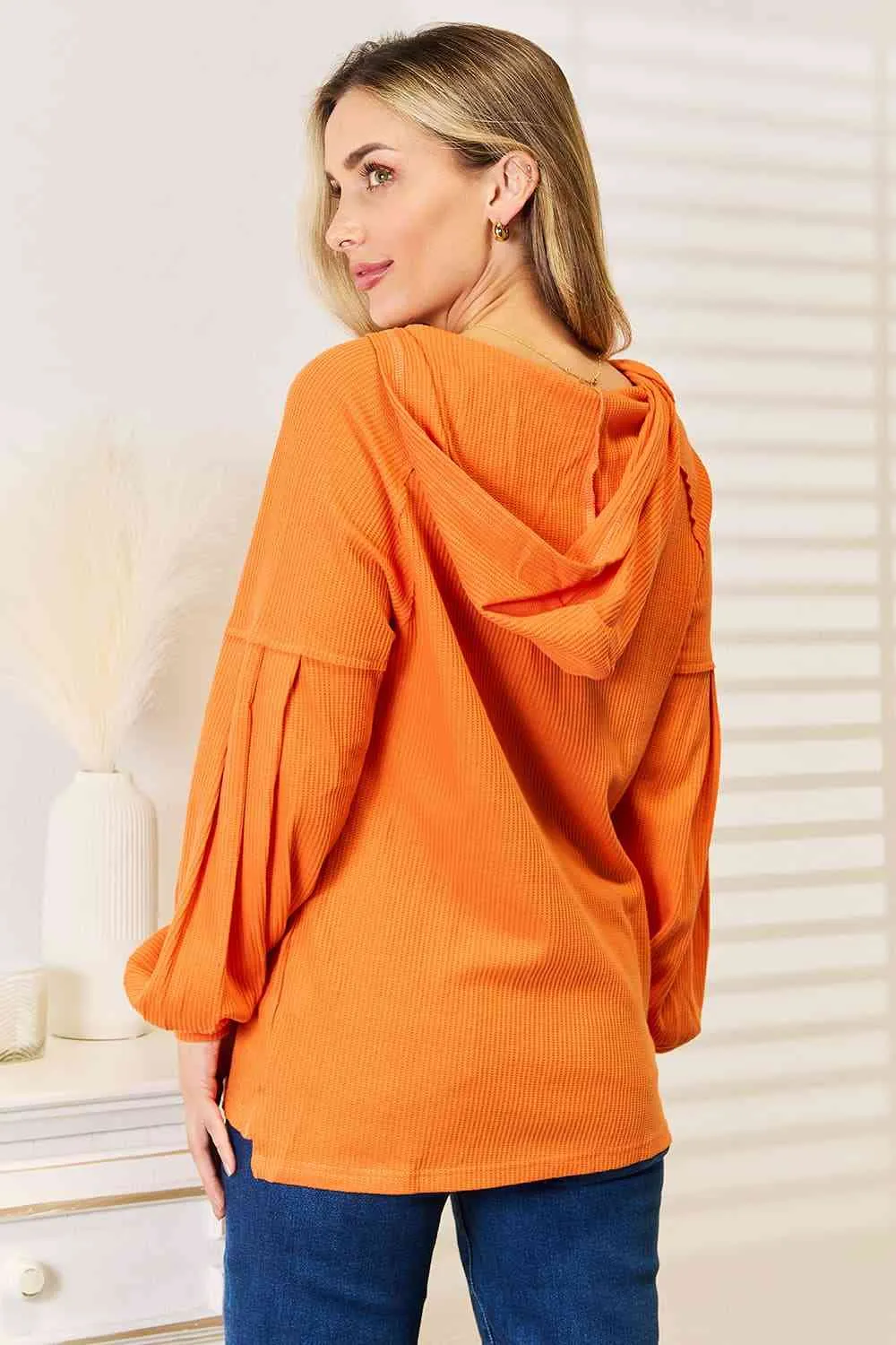 Linda Basic Bae Side Slit Buttoned Waffle Knit Hoodie