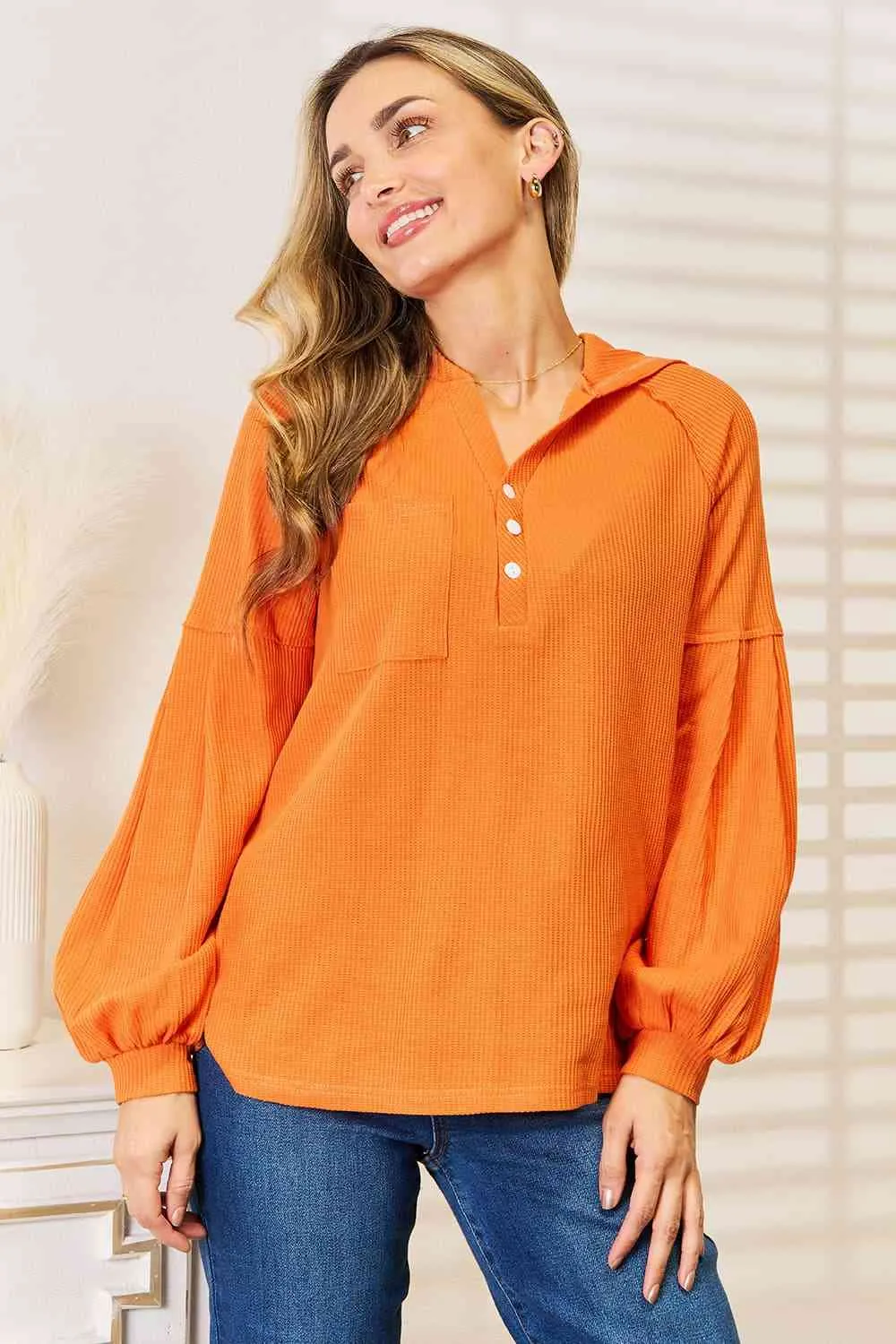 Linda Basic Bae Side Slit Buttoned Waffle Knit Hoodie