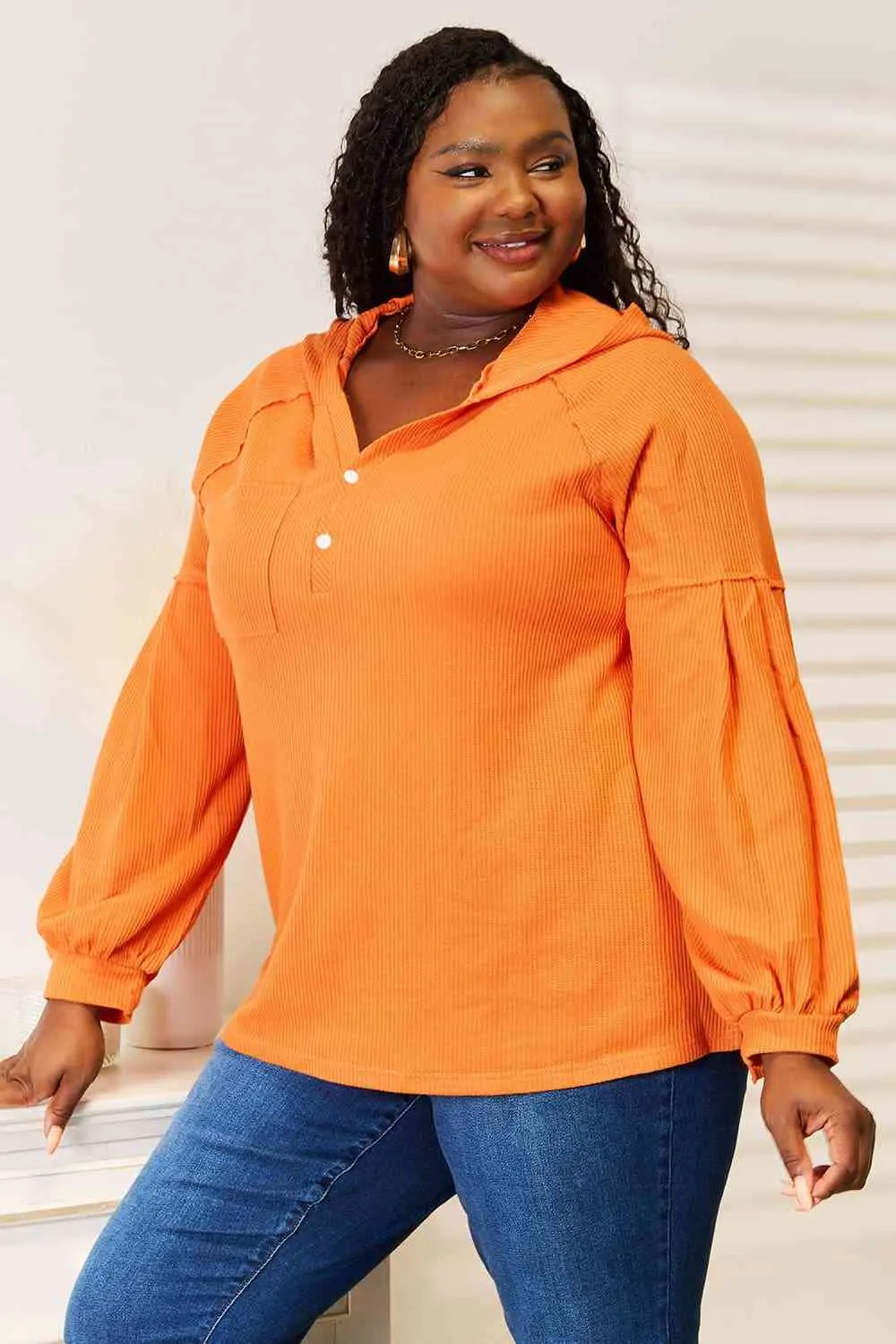 Linda Basic Bae Side Slit Buttoned Waffle Knit Hoodie